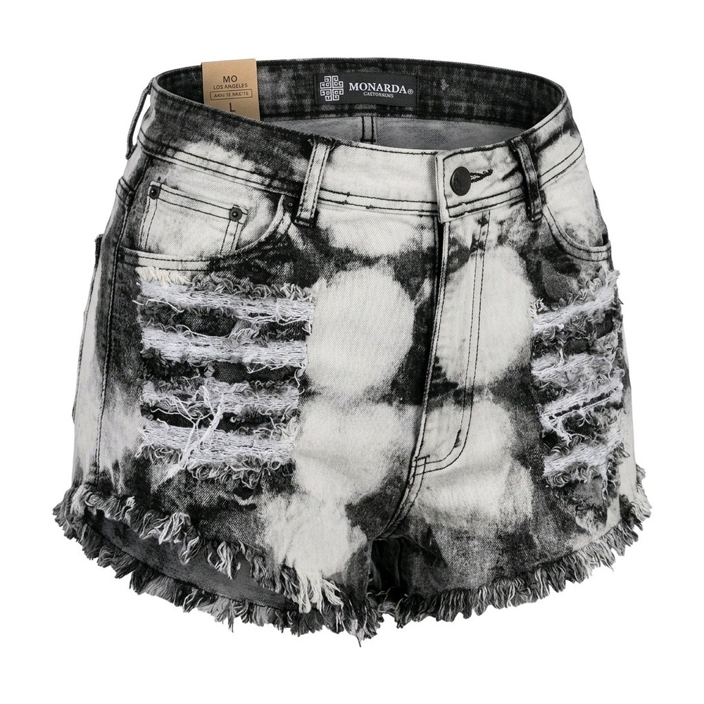 Monarda Los Angeles Black White Acid Wash Distressed Denim Shorts